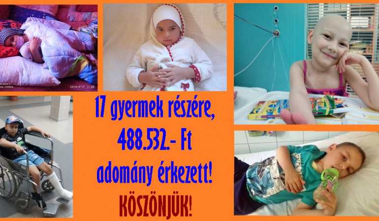17 beteg gyermek részére: 488.532.-  Ft adomány! Köszönjük!