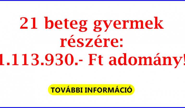 21 beteg gyermek részére: 1.113.930.- Ft adomány!