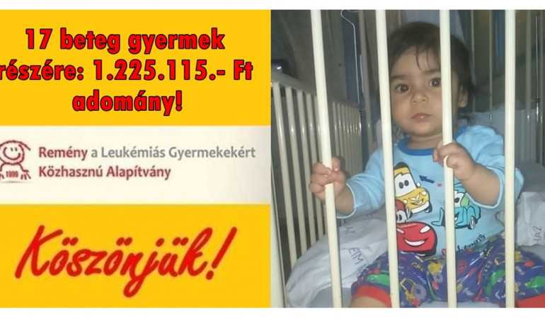 17 beteg gyermek  részére: 1.225.115.- Ft  adomány! Köszönjük!