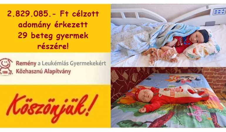 2.829.085.- Ft célzott adomány érkezett 29 beteg gyermek részére!