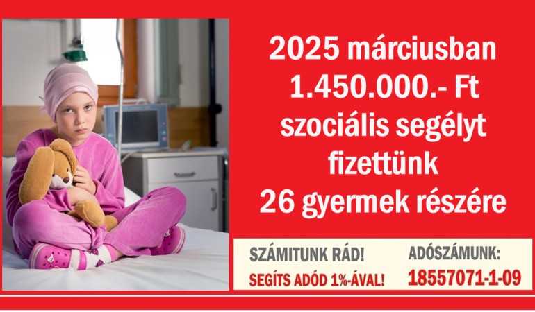 2025 márciusban 1.450.000.- Ft szociális segélyt fizettünk 26 gyermek részére