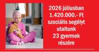 2026 júliusban 1.420.000.- Ft szociális segélyt utaltunk 23 gyermek részére
